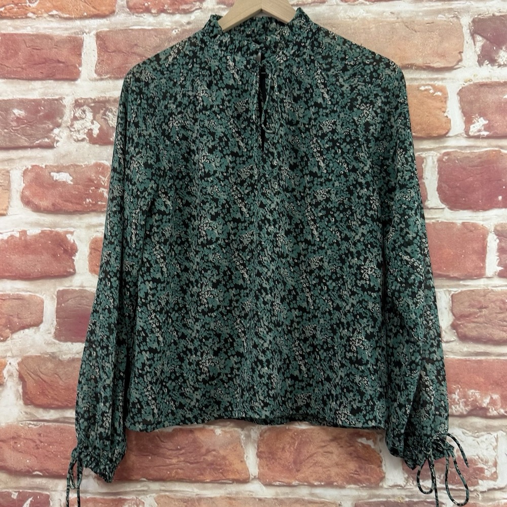 ICHI Top Women's 36 Small Teal Blue Black Cottage Ditsy Floral Tie Sleeve Shirt